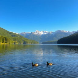 A serene landscape featuring a tranquil lake surrounded by lush green forests under a clear blue sky