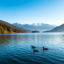 A serene landscape featuring a tranquil lake surrounded by lush green forests under a clear blue sky