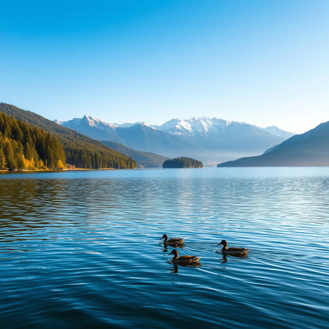 A serene landscape featuring a tranquil lake surrounded by lush green forests under a clear blue sky