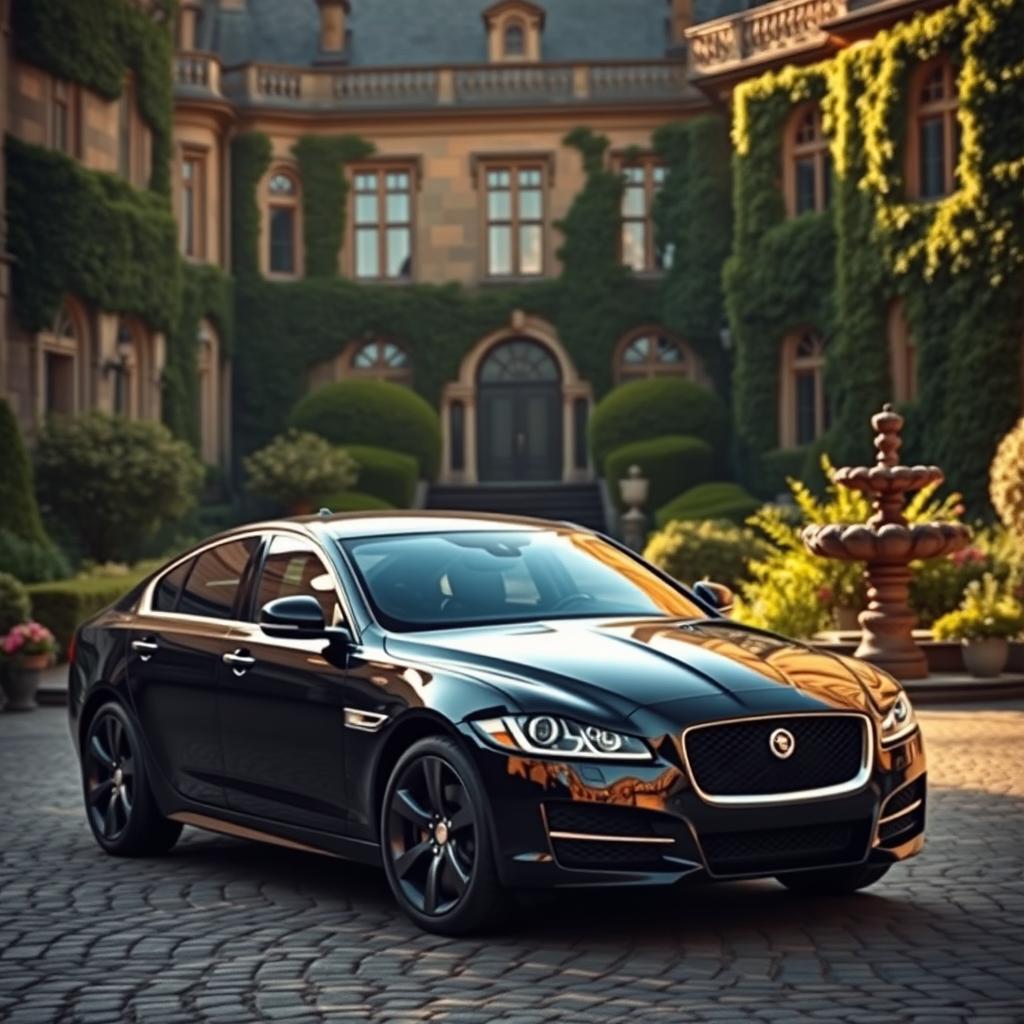 A sleek black Jaguar XF parked elegantly in the courtyard of a grand manor