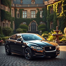 A sleek black Jaguar XF parked elegantly in the courtyard of a grand manor