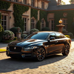 A sleek black Jaguar XF parked elegantly in the courtyard of a grand manor
