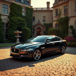 A sleek black Jaguar XF parked elegantly in the courtyard of a grand manor