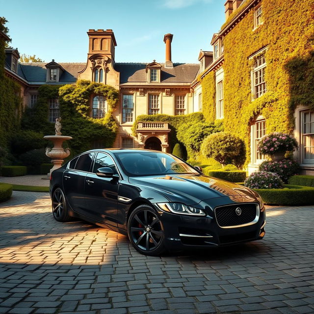 A sleek black Jaguar XF parked elegantly in the courtyard of a grand manor