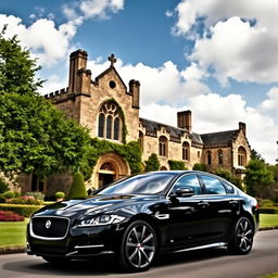 A stunning black Jaguar XF parked in front of an old manor or castle, showcasing a majestic and historic architectural style