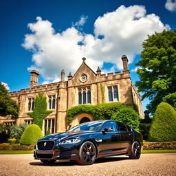 A stunning black Jaguar XF parked in front of an old manor or castle, showcasing a majestic and historic architectural style