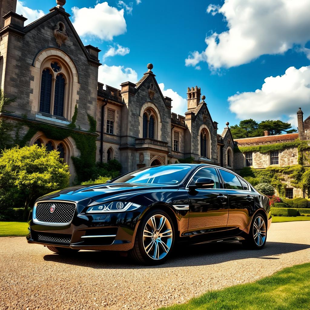 A stunning black Jaguar XF parked in front of an old manor or castle, showcasing a majestic and historic architectural style