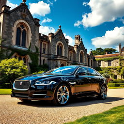 A stunning black Jaguar XF parked in front of an old manor or castle, showcasing a majestic and historic architectural style