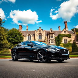 A stunning black Jaguar XF parked in front of an old manor or castle, showcasing a majestic and historic architectural style