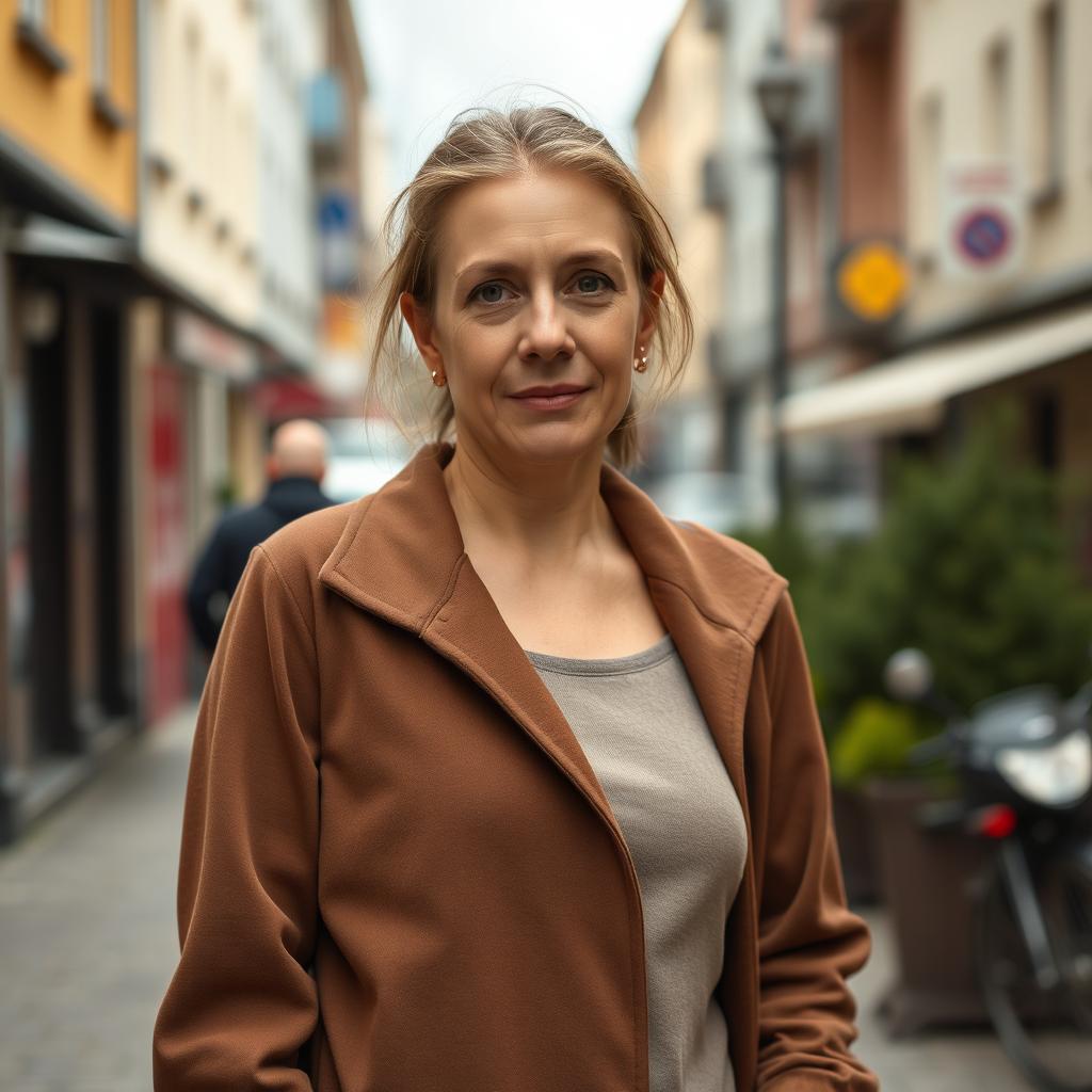 A 35-year-old Belgian woman with a typical European appearance, dressed modestly in full-length clothing, standing outdoors in a full-body shot