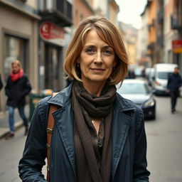 A 35-year-old Belgian woman with a typical European appearance, dressed modestly in full-length clothing, standing outdoors in a full-body shot