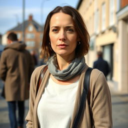 A 35-year-old Belgian woman with a typical European appearance, dressed modestly in full-length clothing, standing outdoors in a full-body shot