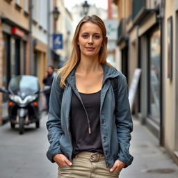 A 35-year-old Belgian woman with a typical European appearance, dressed modestly from head to toe in casual clothing, standing outdoors in a full-length view