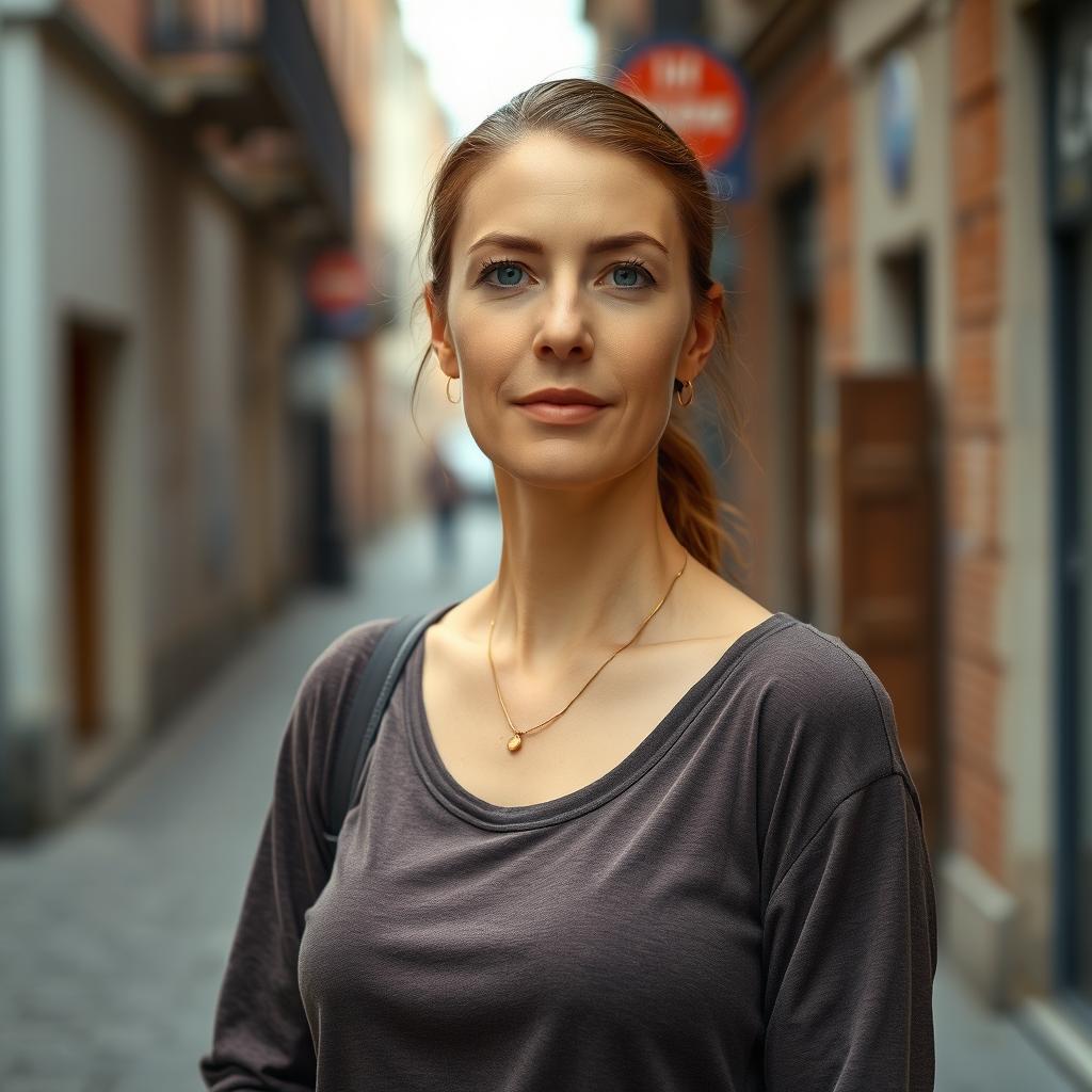 A 35-year-old Belgian woman with a typical European appearance, dressed modestly from head to toe in casual clothing, standing outdoors in a full-length view