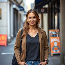 A 35-year-old Belgian woman with a typical European appearance, dressed modestly from head to toe in casual clothing, standing outdoors in a full-length view
