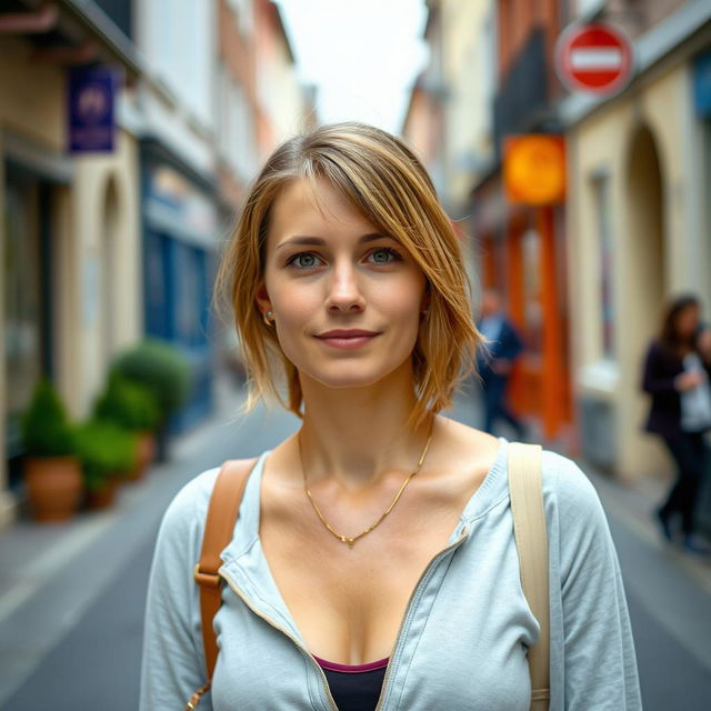 A 35-year-old Belgian woman with a typical European appearance, dressed modestly from head to toe in casual clothing, standing outdoors in a full-length view