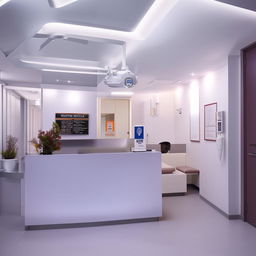 Stylish and functional interior of a small medical clinic with modern furniture, brightly lit reception area, consulting rooms, waiting area with comfortable seats, and clean hallways.