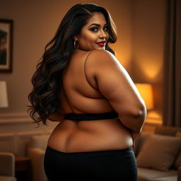 A sensual and confident BBW woman with a curvy figure, featuring a prominent and beautifully shaped big backside