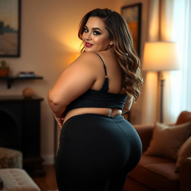 A sensual and confident BBW woman with a curvy figure, featuring a prominent and beautifully shaped big backside