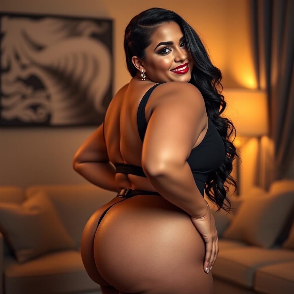A sensual and confident BBW woman with a curvy figure, featuring a prominent and beautifully shaped big backside