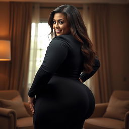 A sensual and confident BBW woman with a curvy figure, featuring a prominent and beautifully shaped big backside