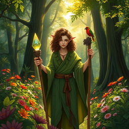 A picturesque scene featuring a halfing druid from the Circle of the Shepherd