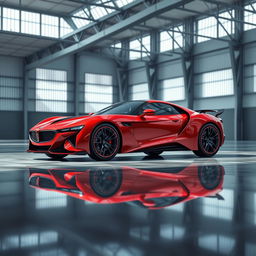 A stunning digital rendering of a red sports car parked in a spacious warehouse featuring a high ceiling and expansive windows that let in natural light