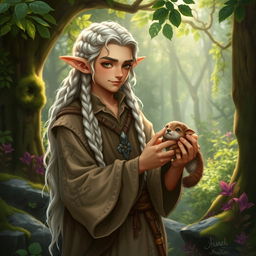 A male halfling druid with long white braided hair, wearing earthy-toned, flowing robes adorned with nature-themed designs