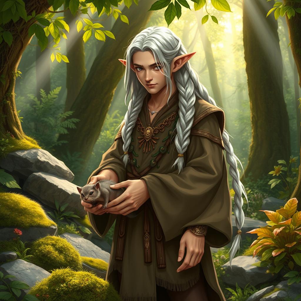 A male halfling druid with long white braided hair, wearing earthy-toned, flowing robes adorned with nature-themed designs