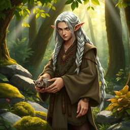 A male halfling druid with long white braided hair, wearing earthy-toned, flowing robes adorned with nature-themed designs