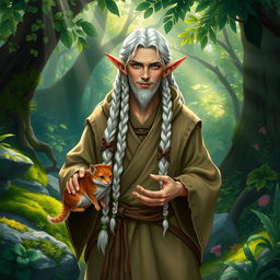 A male halfling druid with long white braided hair, wearing earthy-toned, flowing robes adorned with nature-themed designs