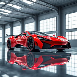A stunning digital rendering of a red sports car parked in a spacious warehouse featuring a high ceiling and expansive windows that let in natural light