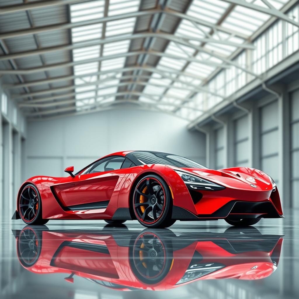 A stunning digital rendering of a red sports car parked in a spacious warehouse featuring a high ceiling and expansive windows that let in natural light