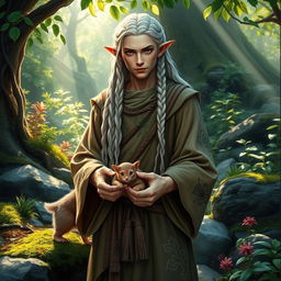 A male halfling druid with long white braided hair, wearing earthy-toned, flowing robes adorned with nature-themed designs