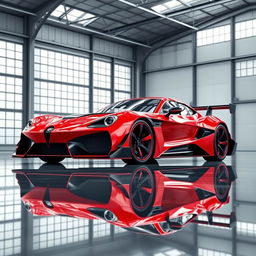 A captivating digital rendering of a red sports car parked in a spacious warehouse featuring a high ceiling and large windows that allow ample natural light to illuminate the scene