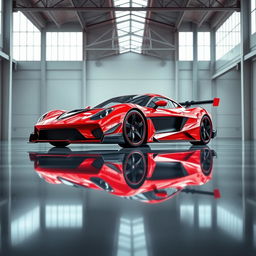 A captivating digital rendering of a red sports car parked in a spacious warehouse featuring a high ceiling and large windows that allow ample natural light to illuminate the scene