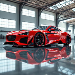 A captivating digital rendering of a red sports car parked in a spacious warehouse featuring a high ceiling and large windows that allow ample natural light to illuminate the scene