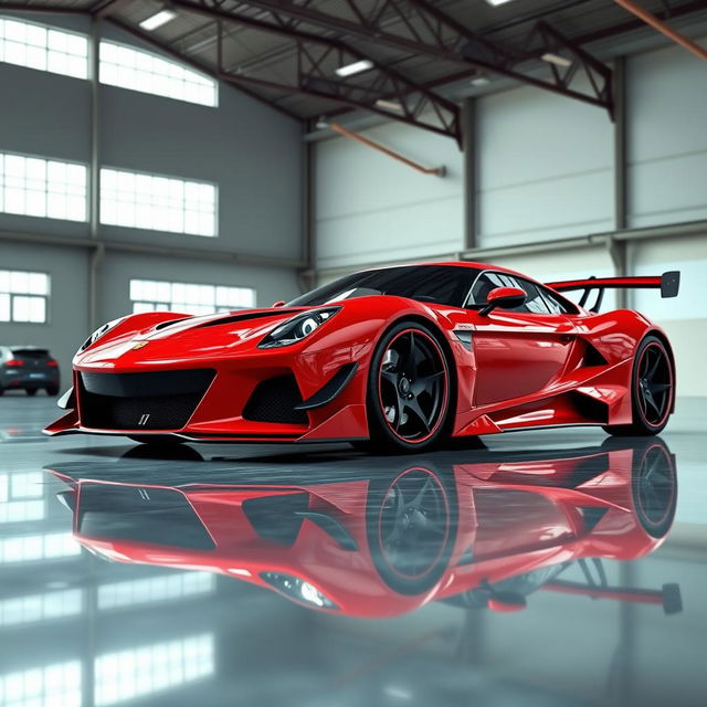 A captivating digital rendering of a red sports car parked in a spacious warehouse featuring a high ceiling and large windows that allow ample natural light to illuminate the scene