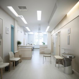 Stylish and functional interior of a small medical clinic with modern furniture, brightly lit reception area, consulting rooms, waiting area with comfortable seats, and clean hallways.