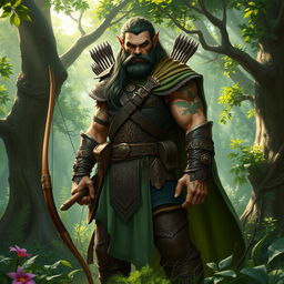A majestic half-orc ranger standing tall in a verdant forest, wearing a rugged leather armor adorned with intricate patterns
