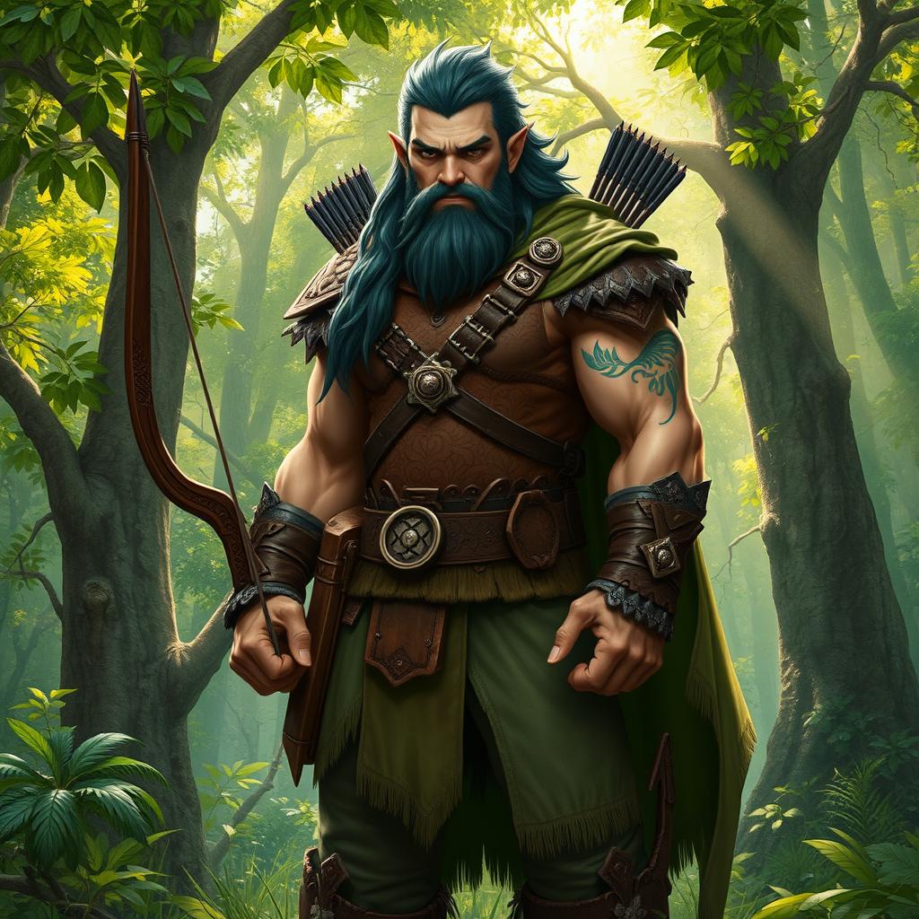 A majestic half-orc ranger standing tall in a verdant forest, wearing a rugged leather armor adorned with intricate patterns