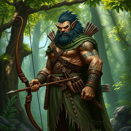 A majestic half-orc ranger standing tall in a verdant forest, wearing a rugged leather armor adorned with intricate patterns