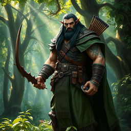 A majestic half-orc ranger standing tall in a verdant forest, wearing a rugged leather armor adorned with intricate patterns
