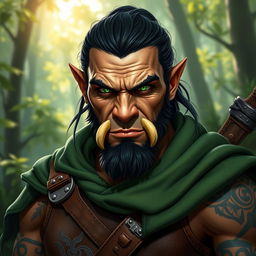 A striking portrait of a half-orc ranger, showcasing his fierce yet noble appearance