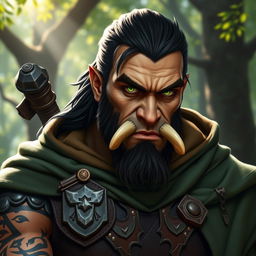 A striking portrait of a half-orc ranger, showcasing his fierce yet noble appearance