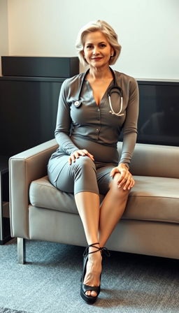 A professional 60-year-old secretary with white skin and a busty body, elegantly dressed in a gray tight doctor's outfit, creating a sophisticated and sensual appearance