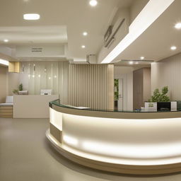 Stylish and functional interior of a small medical clinic with modern furniture, brightly lit reception area, consulting rooms, waiting area with comfortable seats, and clean hallways.