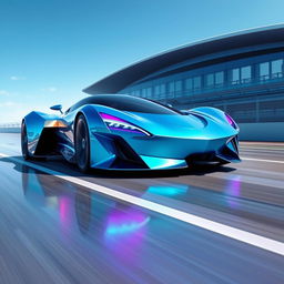 A captivating digital illustration of a futuristic sports car speeding along a race track