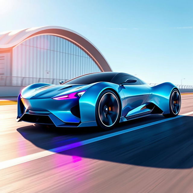 A captivating digital illustration of a futuristic sports car speeding along a race track