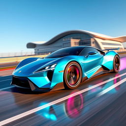 A captivating digital illustration of a futuristic sports car speeding along a race track